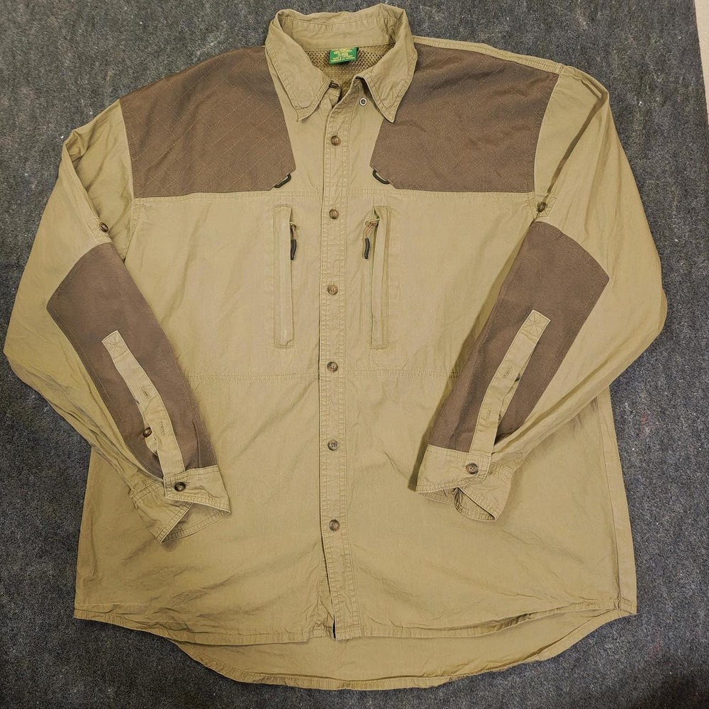 Cabelas Mens Large Shooting Shirt Tan Brown Long Sleeve Cotton Hunting Padded L